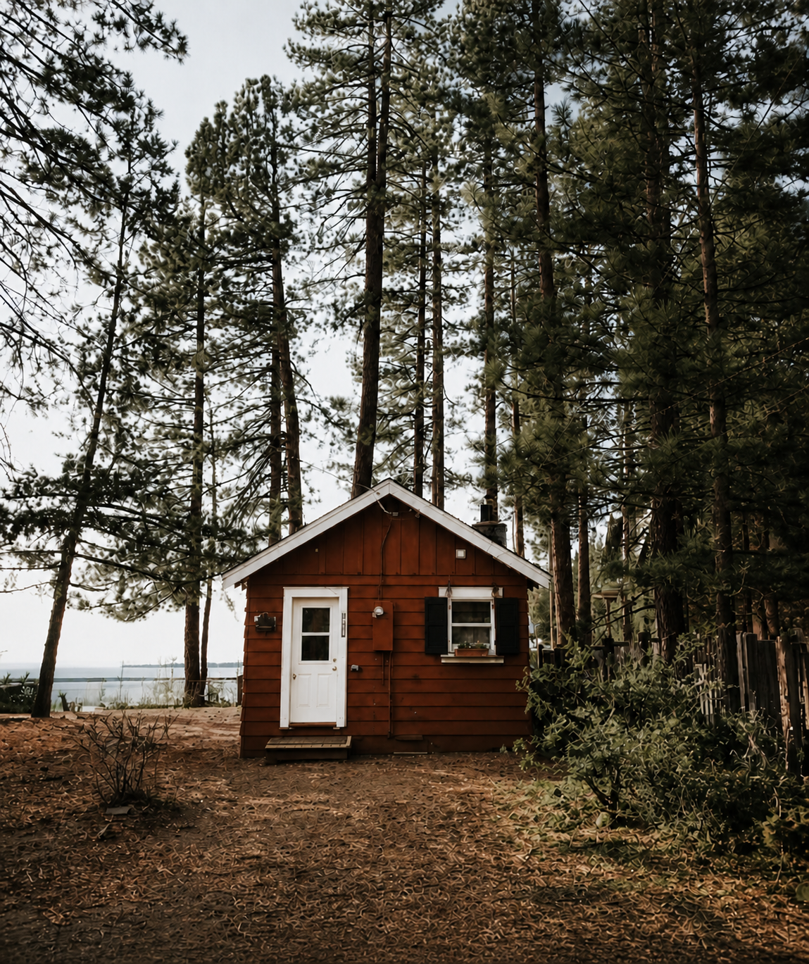 A small cedar cabin beneath tall pines beside the water