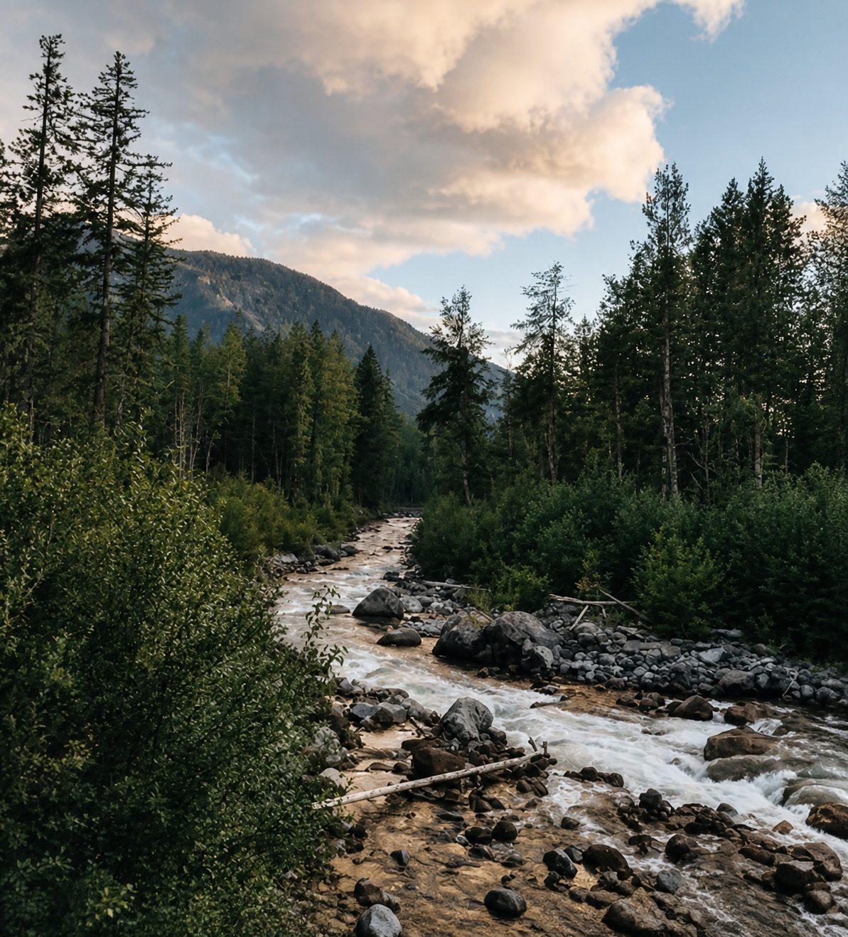 A mountain river moving through a deep green forest